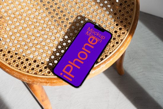 Smartphone mockup on a woven round table in sunlight, perfect for presenting app designs and user interfaces for designers.