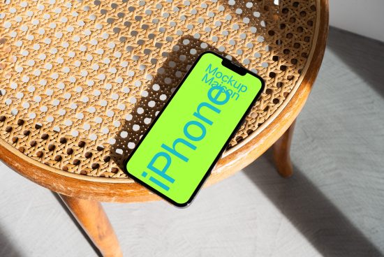 Smartphone screen mockup on a wicker table in sunlight, realistic display for app design presentation, digital asset for designers.