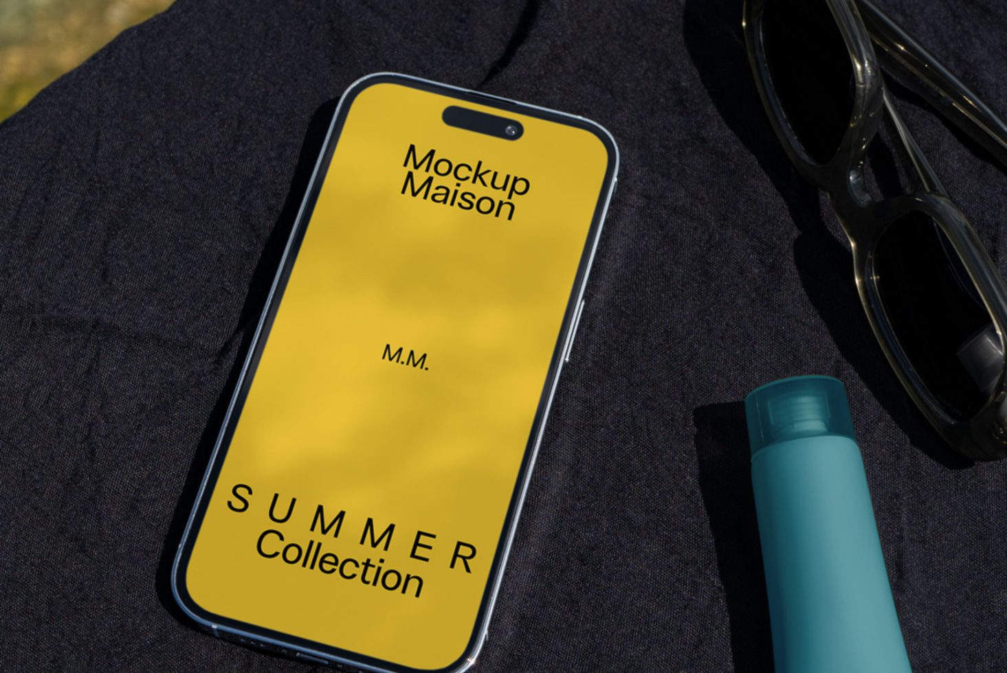 Smartphone mockup on textured surface with sunglasses and bottle, featuring summer collection ad, ideal for presenting mobile designs.