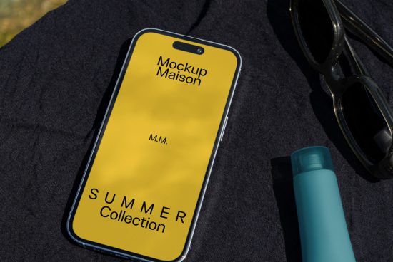 Smartphone mockup on textured surface with sunglasses and bottle, featuring summer collection ad, ideal for presenting mobile designs.