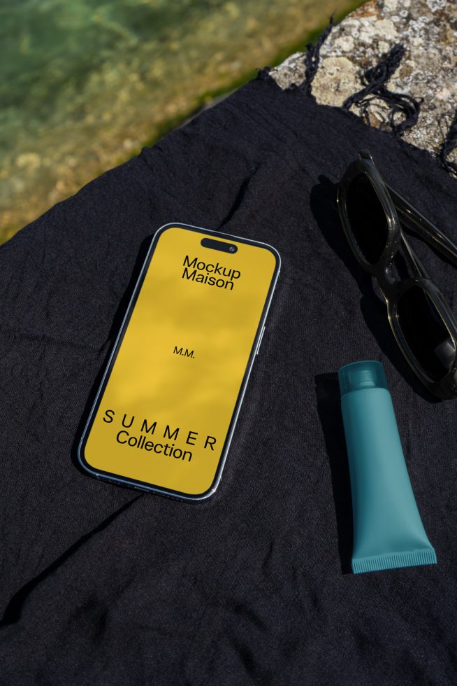 Smartphone mockup on fabric with sunglasses and sunscreen, summer collection ad design for digital asset marketplace targeted at designers.