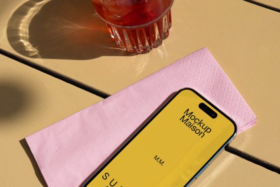 Smartphone mockup on pink napkin and table with summer drink for designers to display app interface design, realistic shadow effect, high resolution.