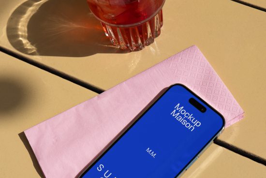 Smartphone on a pink napkin with drink glass shadow, ideal for showcasing app designs, stylish modern mockup for presentations.