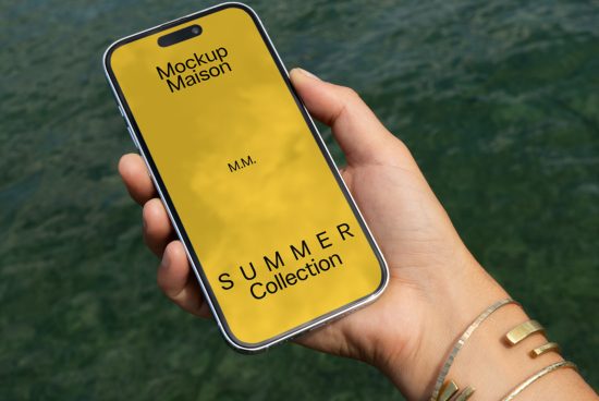 Hand holding smartphone mockup with summer collection ad on screen, clear detail, design preview tool, digital asset for graphic designers.