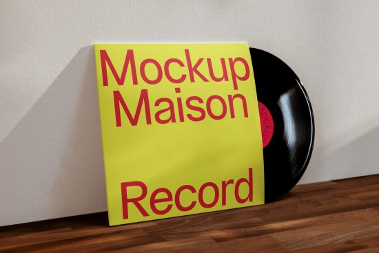 Vinyl record sleeve mockup leaning against wall with clear typography ideal for design presentation or portfolio in graphics category.