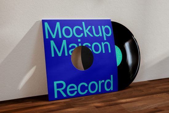 Vinyl record cover mockup leaning against wall on wooden floor for music branding and packaging design.