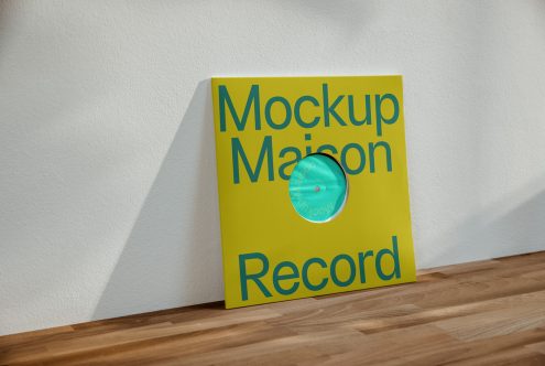 Realistic vinyl record album cover mockup leaning against a white wall on a wooden floor for product display and design showcase.