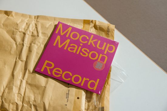 Vibrant pink vinyl record sleeve mockup on crumpled brown packaging paper, for design presentation.