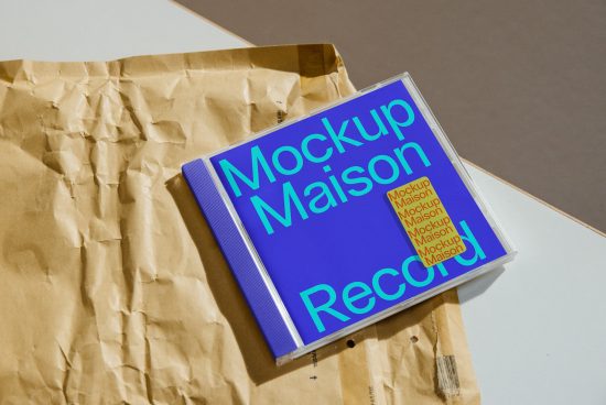 Blue book cover mockup with modern typography design on crinkled brown paper, showcasing creative presentation for designers.