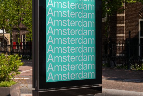 Outdoor billboard mockup featuring repeated text Amsterdam in bold font, ideal for presenting advertising and typographic designs.