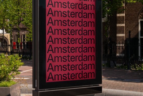 Outdoor advertising mockup featuring repeated 'Amsterdam' typographic design on billboard in urban setting for graphic designers.