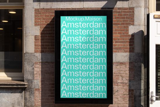 Urban poster mockup with repeating 'Amsterdam' text in bold font, displayed on a street for outdoor advertising design presentation.