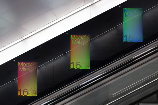 Escalator advertising mockup with colorful gradient posters and ornamental design elements, perfect for presentations and portfolio display.