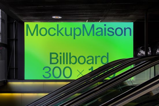 Large billboard mockup in urban setting above escalators for advertising design presentation, neon green background, scalable vector graphic.