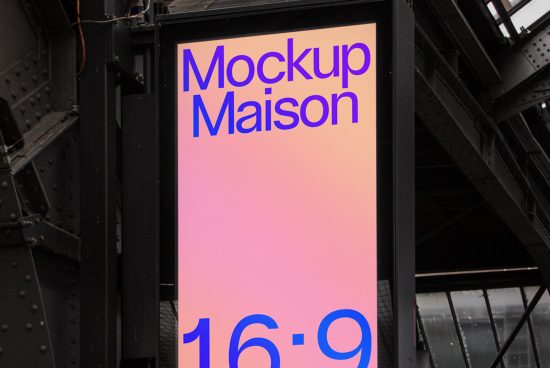 Outdoor billboard mockup on a metal structure with a colorful gradient background and bold sans-serif typography for designers.