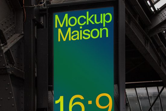 Urban outdoor billboard mockup on a steel structure for poster design presentation, advertising space with a 16:9 aspect ratio display.
