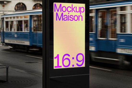 Urban billboard mockup by a street with moving tram in the background, clear display for advertisement designs, 16:9 aspect ratio.