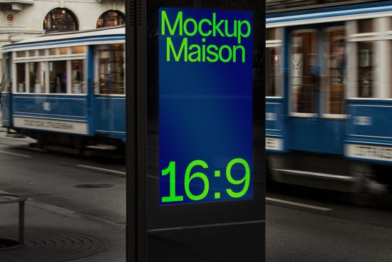 Urban billboard mockup on a city street with a passing tram, showcasing design space with neon green text, ideal for outdoor advertising designs.
