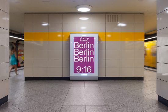 Subway station advertisement mockup with blurred motion passengers, showcasing modern font design, for graphics and template display.