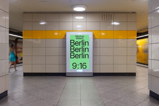 Subway advertisement mockup poster in station with blurred moving train, ideal for designers to showcase branding and signage designs.