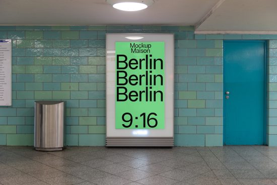 Poster mockup in subway station with bold typography design, teal tiles, and blue door, ideal for ads and branding presentations for designers.
