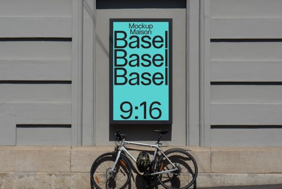 Urban poster mockup displaying bold font on a cyan background, with a parked bicycle, suitable for graphic design presentations.