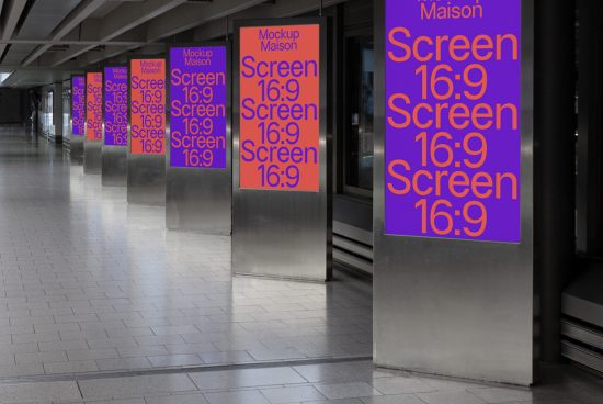 Digital billboard mockup series in a subway station with 16:9 aspect ratio screens, perfect for advertising design presentations.