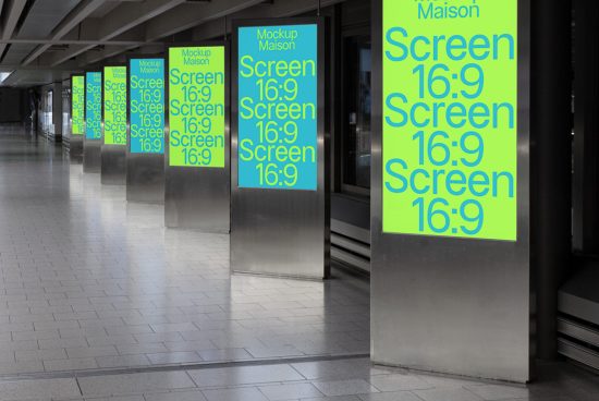 Digital billboard mockup in a metro station showcasing 16:9 screen ratio ads, ideal for designers creating urban advertising content.