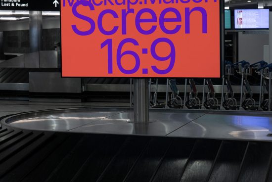 Digital billboard mockup in airport luggage claim for designers to showcase ads, with bright display and realistic setting for visual designs.