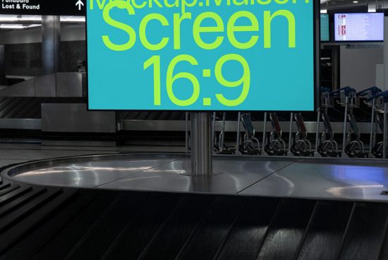 Digital billboard mockup template at baggage claim in airport, realistic advertising screen for design presentation, horizontal 16:9 aspect ratio.