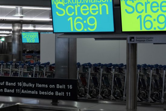 Digital screen mockup in airport setting with editable display, suitable for designers to showcase advertisements or information graphics.
