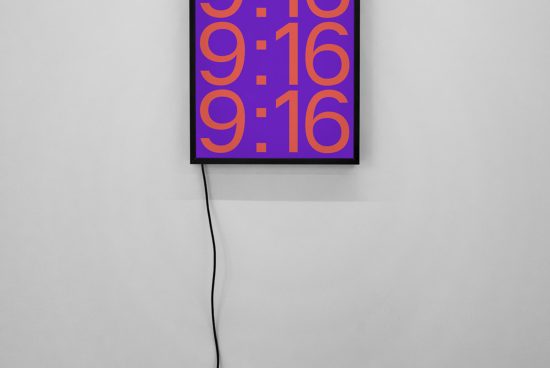 Digital poster mockup on wall with vibrant purple and orange graphic design, modern art display for template designers.
