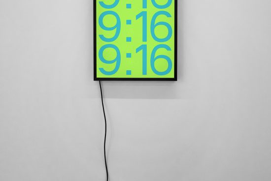 Minimalist digital clock mockup design mounted on a white wall with a neon green screen displaying 9:16 for creative projects.