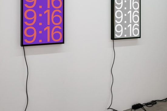 Two framed digital clock mockup displays on a wall with a 9:16 aspect ratio, featuring vibrant font design, perfect for template showcase.