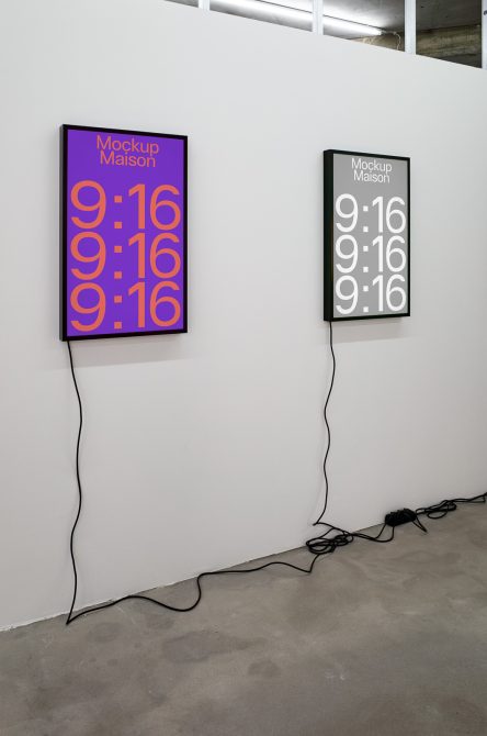 ALT: Two vertical digital clock mockups on gallery wall, one purple and one black, displaying time for design presentation, suitable for graphic templates.