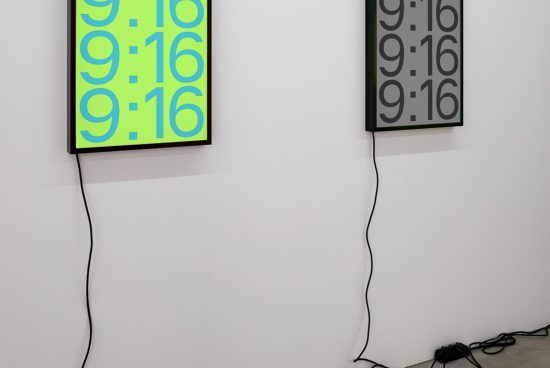 Two framed digital clocks displaying 9:16 on screens, one with a lime background and the other black, modern font, graphic design.