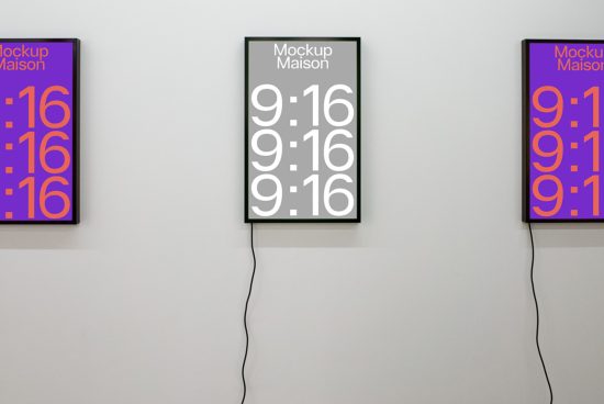 Wall-mounted digital clock display mockups in a gallery setting with purple and gray color themes for designer presentations.