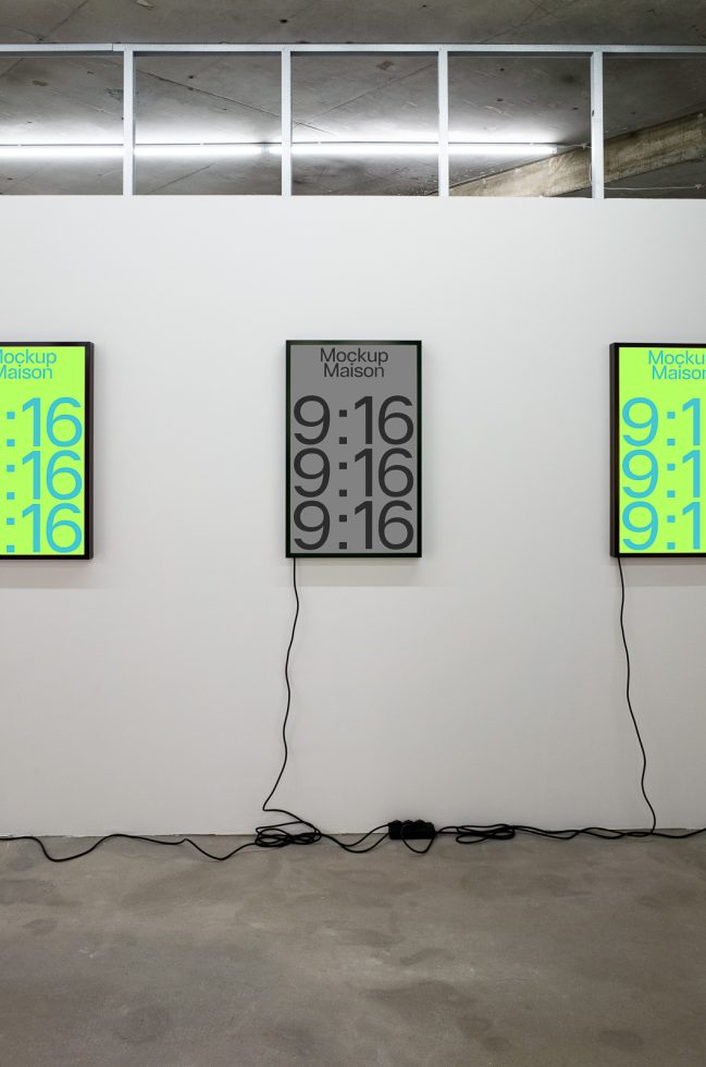 Three vertical digital clock mockups in frames on a gallery wall, modern design, for graphic designers and template creators.