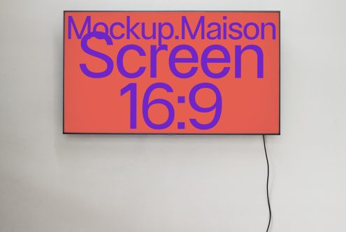 Flat screen TV mockup on white wall displaying vibrant digital template, ideal for showcasing designs in a 16:9 aspect ratio. Perfect for design presentations.