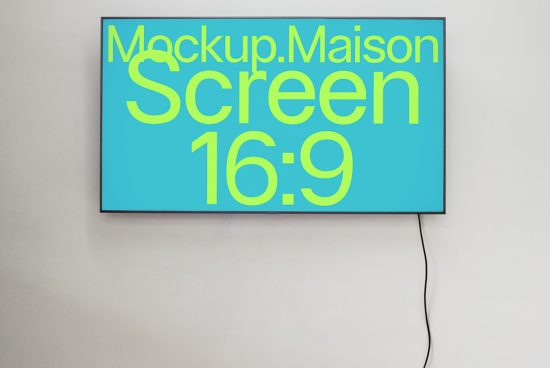 Wall mounted TV screen mockup displaying bright typography design, 16:9 aspect ratio, suitable for graphic presentations and templates.