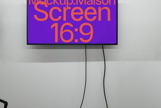Flat screen TV mockup on a white wall displaying a purple screen with text for design presentation, suitable for graphics and templates.