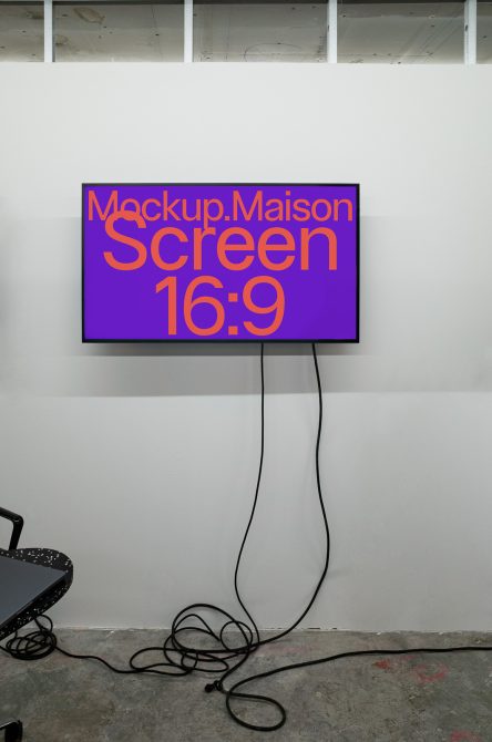 Modern screen mockup in 16:9 format on white wall for presentations, digital mockups, interior display design assets for creative professionals.