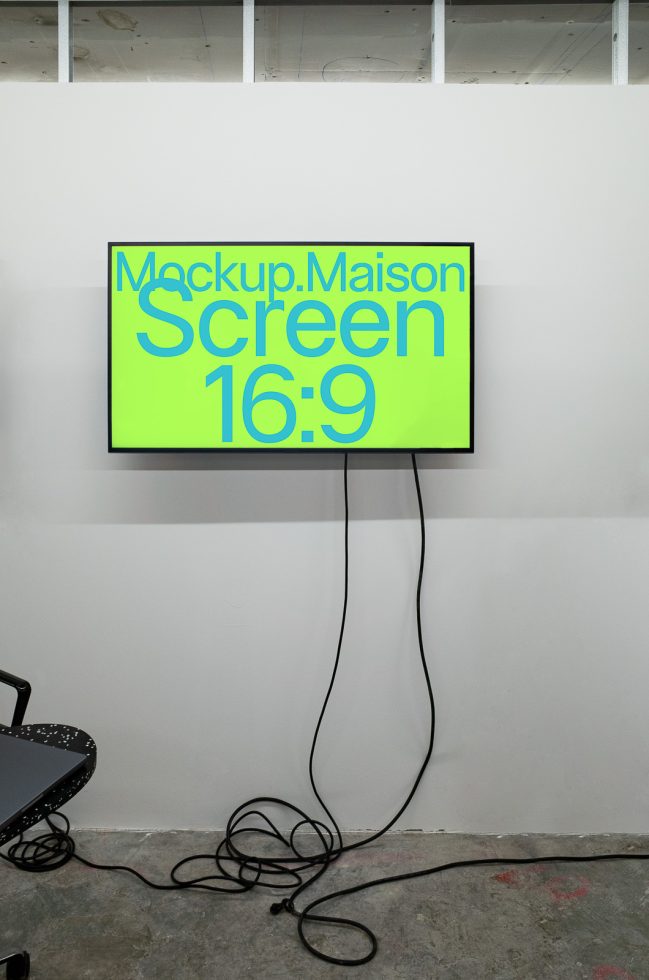 Mockup of a widescreen monitor with bright screen text in a minimalistic interior, perfect for showcasing designs and presentations for designers.