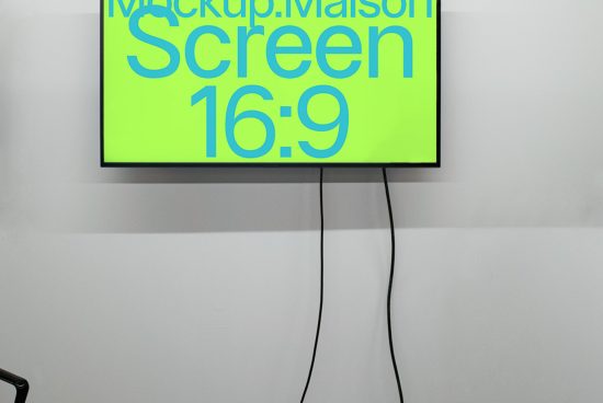 Wall-mounted digital screen mockup in a 16:9 aspect ratio with green screen for design presentation, ideal for showcasing graphics and templates.
