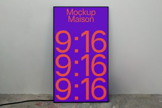 Vertical poster mockup in a room setting with purple background and bold orange 9:16 ratio typography, ideal for showcasing designs and graphics.