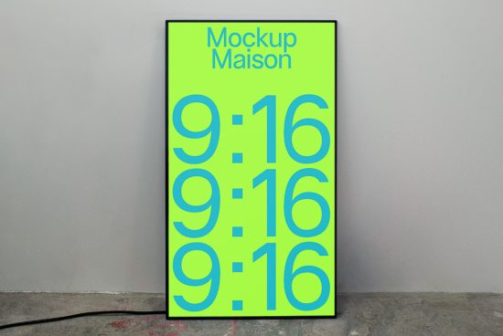 Vertical billboard mockup in a grey room with '9:16' repeated design, perfect for presentations and advertising designs.