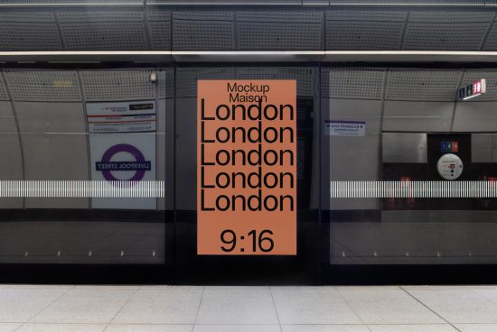 Subway station advertisement mockup featuring bold font, ideal for showcasing designs in urban settings, perfect for Template and Mockups category.
