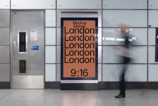 Urban poster mockup in a metallic frame at a station with a blurred person walking by, showcasing bold font design perfect for graphic presentations.