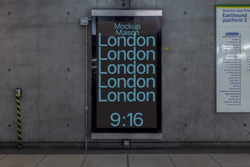 Urban poster mockup displayed in subway station setting, featuring dynamic typography, designers can showcase advertising and branding designs.