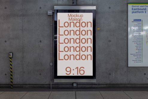 Urban poster mockup in a metro station with bold typography design, showcasing font display for advertising, suitable for graphic and template design.